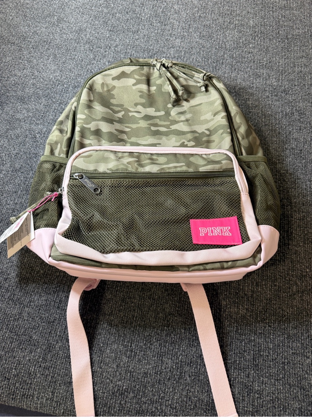 PINK Victoria's Secret Olive Camo Backpack with Light Pink Trim